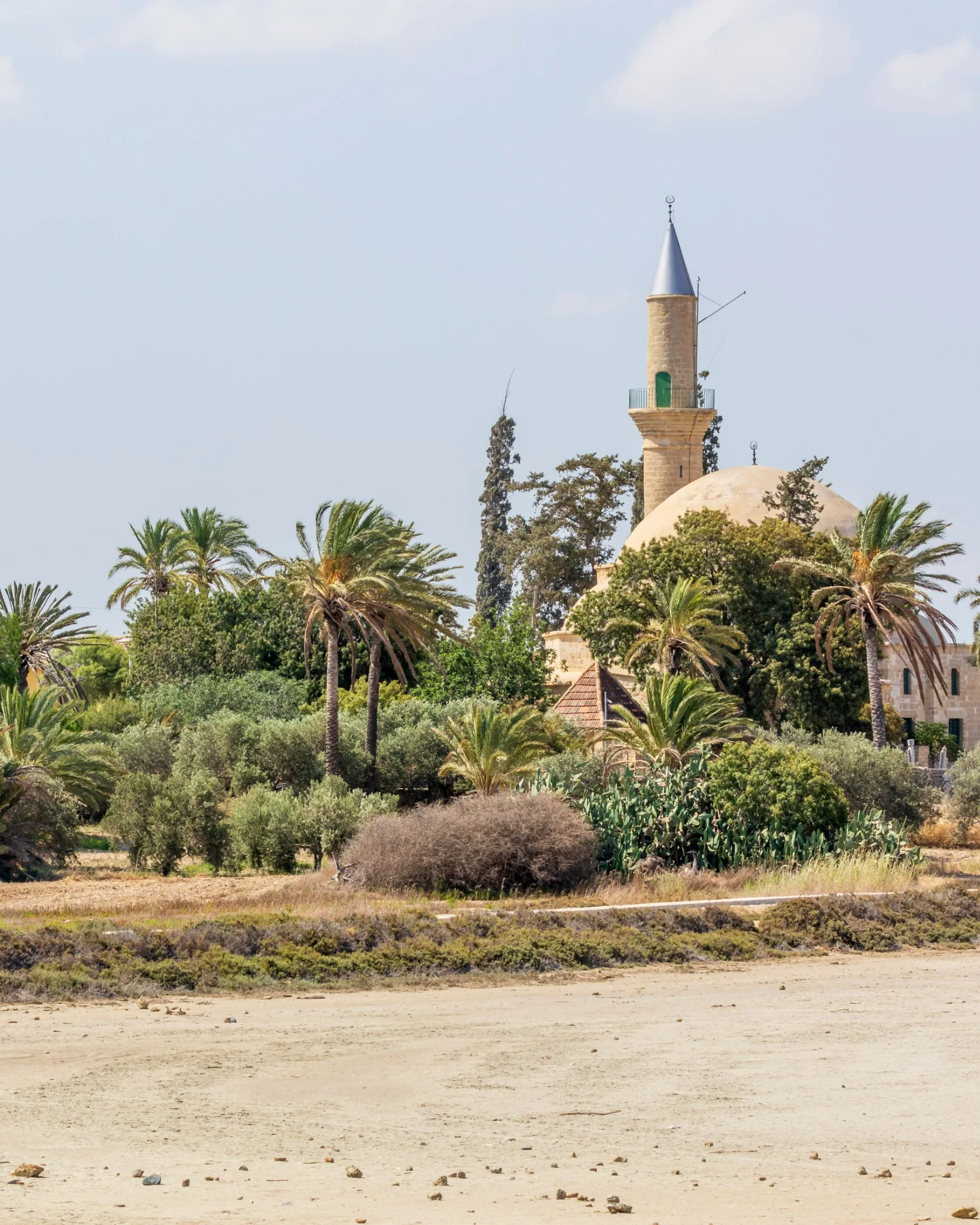 Hala Sultan Tekke mecset pálmafák között Larnaca Sós-tó közelében